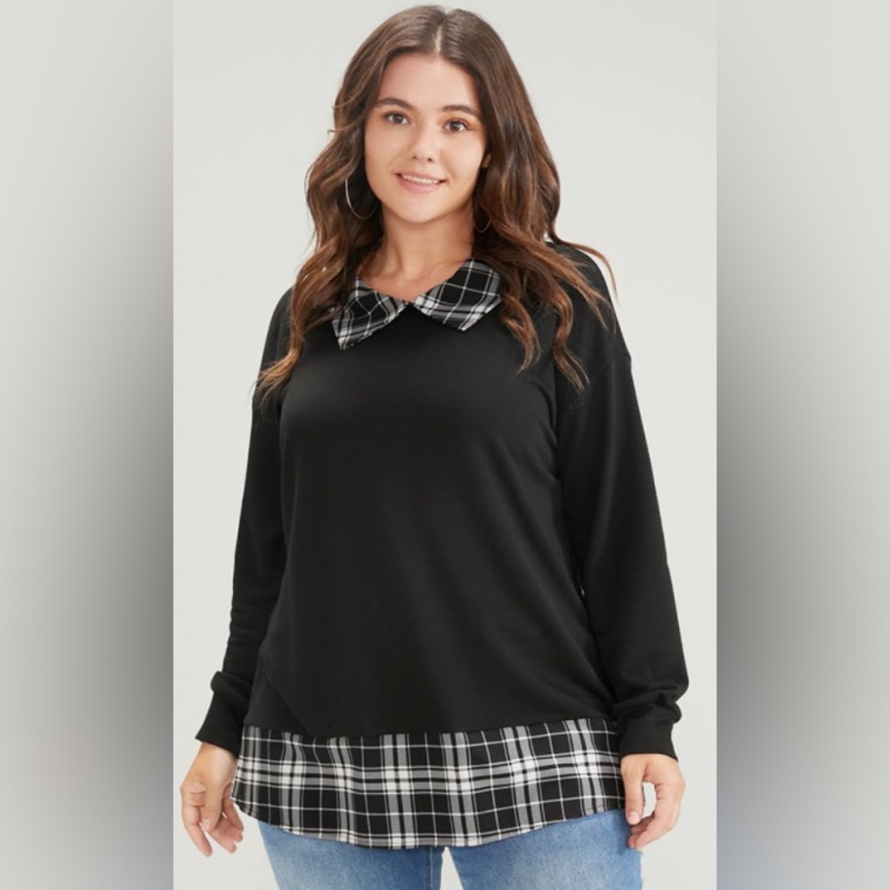 NWT 22/24 3X BloomChic Black & White Plaid Print Drop Shoulder 2-In-1 Sweatshirt